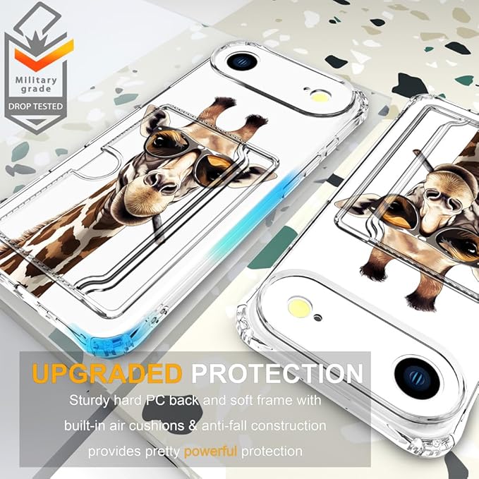 Compatible with iPhone 17 Air Case Card Holder for Women Cute Design,Wallet Phone Cases Transparent Cool Kawaii Protective (Clear Giraffe Smoking Animal)