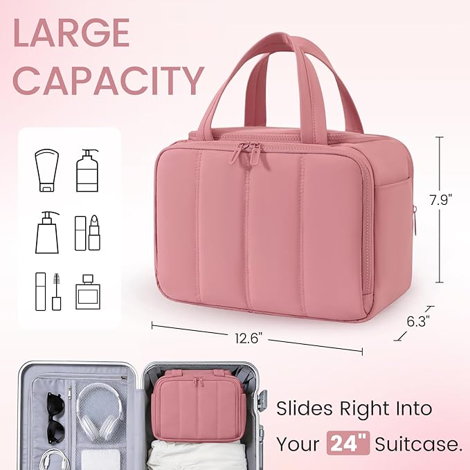 Travel Toiletry Bag for Women,Large Makeup Bag Organizer,Puffy Cosmetic Bag with Wet Dry Separation,Waterproof Toiletries Bag with Trolley Sleeve,Dark Pink