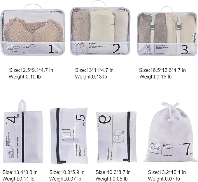 7PCS Packing Cubes for Travel Luggage Organizers Shoe & Toiletry Bag Light Packing Cubes Clothing Underwear Bag Accessories and Essentials for Mom & Women (White)