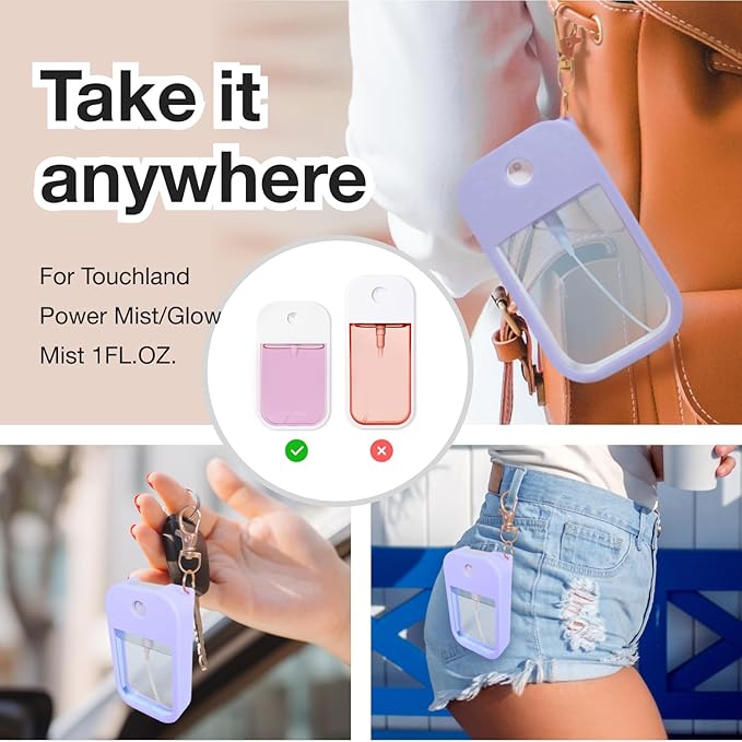 5 PCS Soft Silicone Case for Touchland Power Mist (1FL. OZ./30 mL), Protective and Stylish Case with Keychain Compatible with Touchland Hand Sanitizer Spray (Black/White/Purple/Pink/Orange)