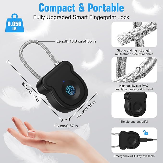 Smart Fingerprint Padlock for Luggage - 20 User Capacity, USB Key & Emergency Code, Keyless Biometric Lock for Gym Locker, Suitcase, Backpack, Toolbox & Handbag (Black)