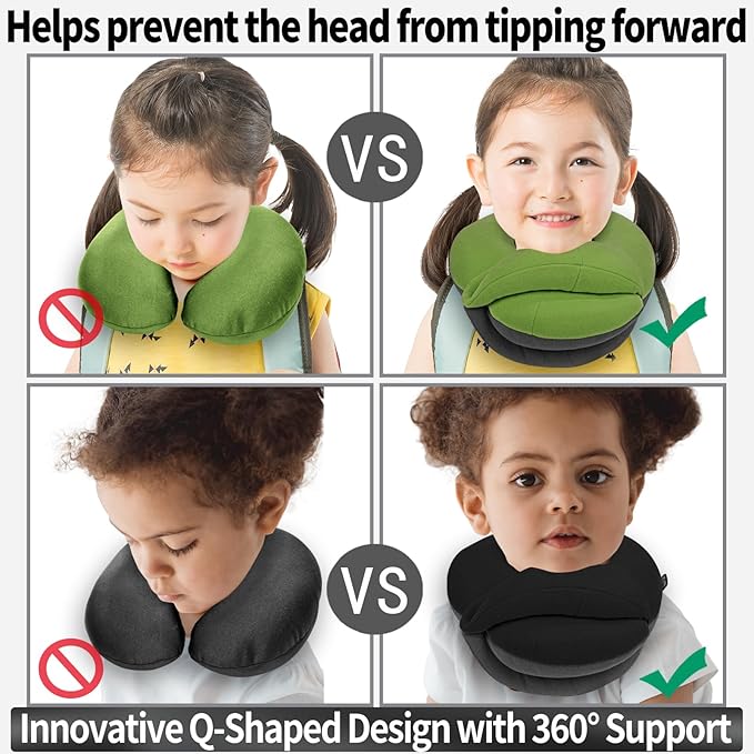 BUYUE Kids Travel Pillows for Airplane, 360° Head Support Sleeping Essentials for Boys Long Flight, Skin-Friendly Soft Neck Pillow for Traveling in Car Seat, (Small, Green Grey, 40-90 lbs)
