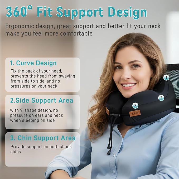 Neck Pillow with Hood, Travel Pillow for Sleeping, Memory Foam Airplane Pillow for Long Flight, Portable Travel Neck Pillow for Flight, Drive, Work, Rest, with Storage Bag