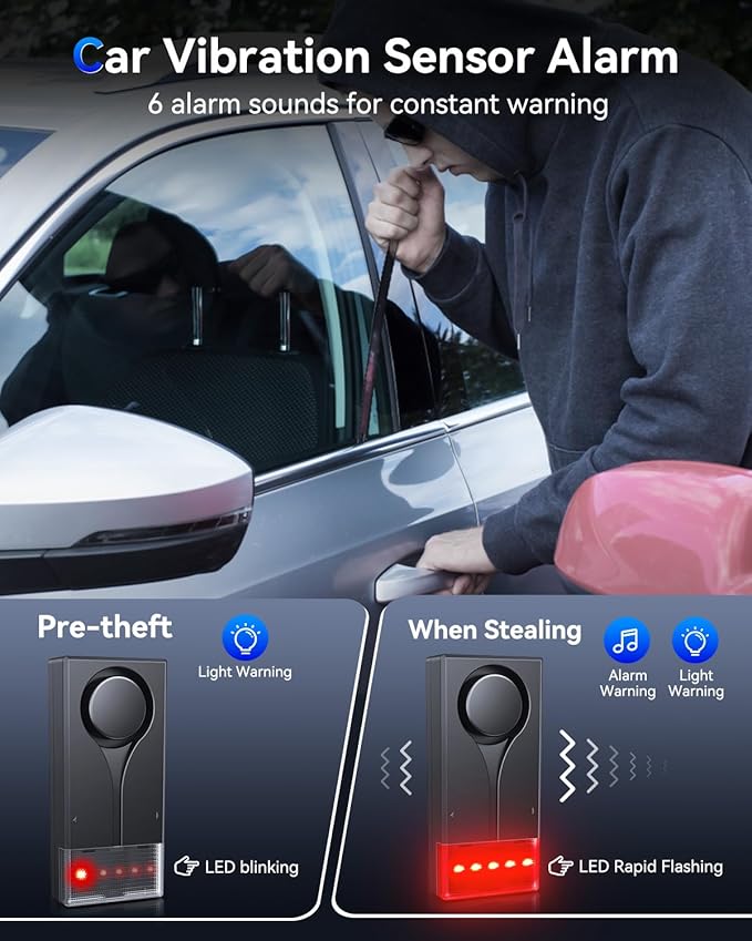 108dB Car Alarm System, Vehicle Anti-Theft Vibration Sensor Alarm & Red Light, Wireless Remote Anti Theft Car Device with Magnetic Install Design for Car, Truck (Upgrade 4.0)