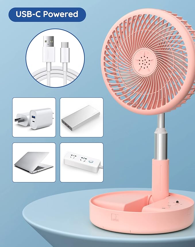 Primevolve Battery Operated Fan,Portable Rechargeable USB Floor Table Desk Fan with Adjustable Height, 4 Speed Settings Pedestal Fan for Bedroom Camping Travel,Pink 7.7"