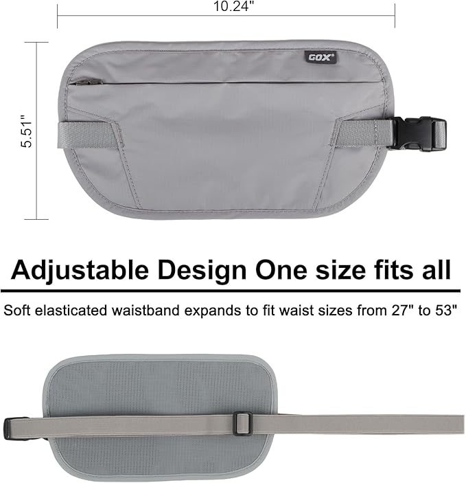 GOX Money Belt for Men Travel, Anti-Theft Hidden Waist Pack, RFID Secure Travel Belt for Men, Ultra-Thin Under-Clothes Passport Wallet with Documentry Safety & Money Holder (Grey-L)