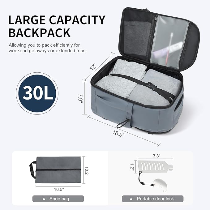 Carry on Travel Backpack, Flight Approved Personal Item Bag for Men Women, Door Lock, USB A/C Port, Shoe Bag, Fits 16" Laptop, Gray