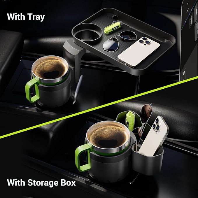 SodaRide Car Cup Holder Expander Tray with Storage Box 4 in 1 Detachable Food Table Tray Car Console Storage Organizer Road Trip Essentials Accessories Gadgets - Fits Yeti, Hydro Flask 32/40 oz