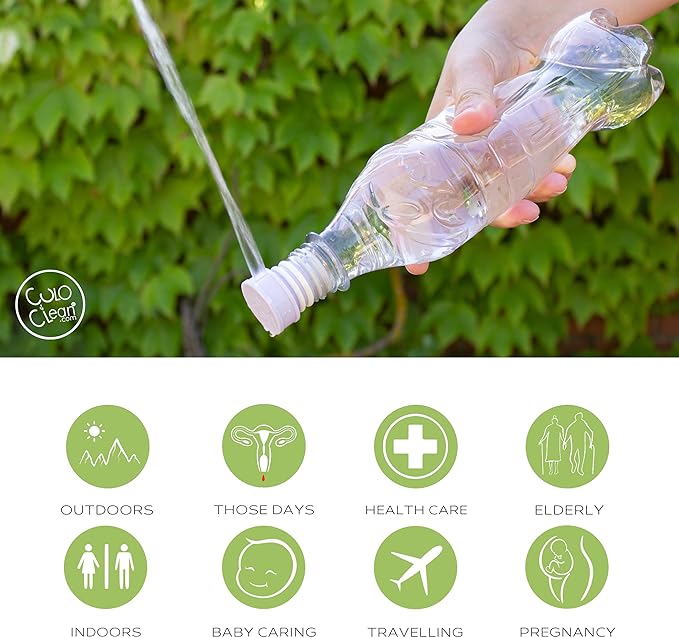 CuloClean Portable Bidet for Toilet, Travel, or Camping. Compatible with Every Bottle. Discreet, Sanitary or Travel Shower. Attachable Stopper. Backcountry Bidet Nozzle (4pcs Colors)