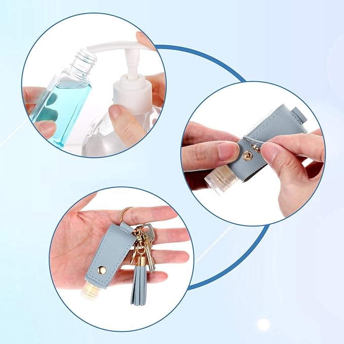 2Pcs Portable Leather Hand Sanitizer Holder, Travel Size Keychain Refillable Bottle for Toiletry Lotion Liquid Soap Shampoo (Blue, White)