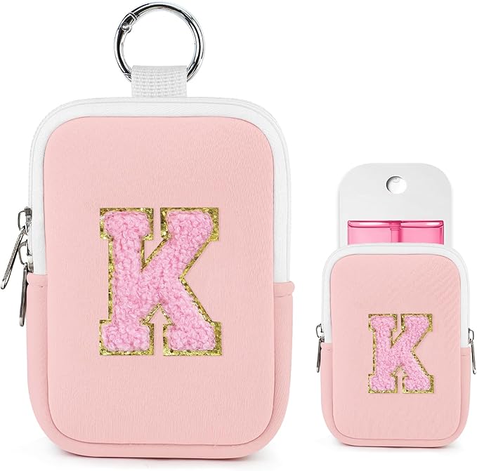 Shenier Alphabet Zippered Case with Keychain, Cute Design, Compatible with Touchland Power Mist Gentle/Glow Mist Hand Sanitizer Spray, Pink-K