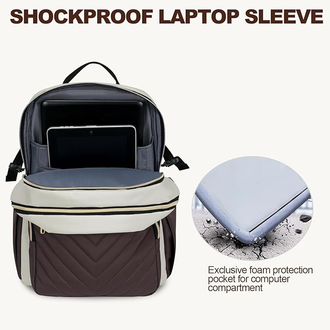 VANKEAN Laptop Backpack for Women with Pouch Pocket for Large Capacity Tumbler, 15.6 Inch Laptop Computer Bag Travel Backpack Purse,Waterproof Work Business College Teacher Bags, Beige-Coffee