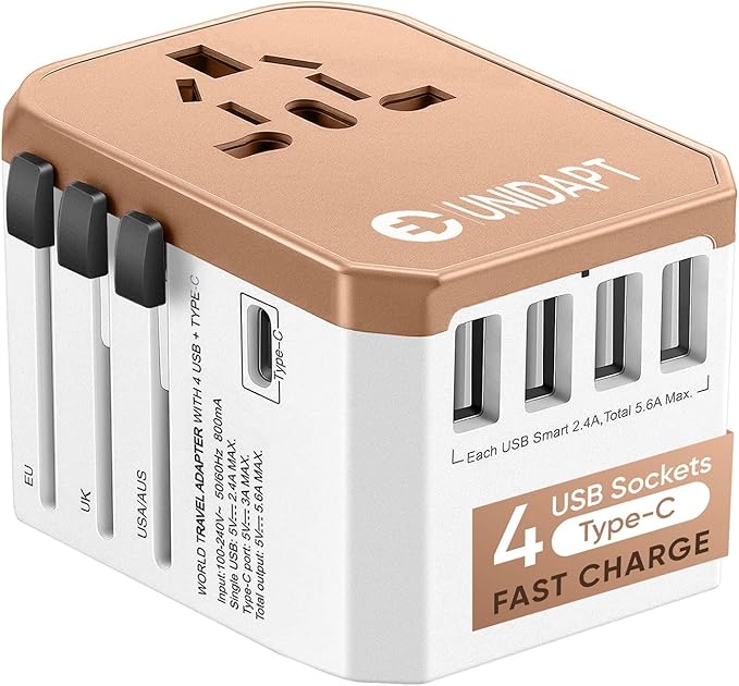 International Plug Adapter, Unidapt Travel Adapter Worldwide - All in one Universal Charger USB Travel Power Adaptor with 5 USB for EU AU UK USA - 160 Countries (Rose Gold)