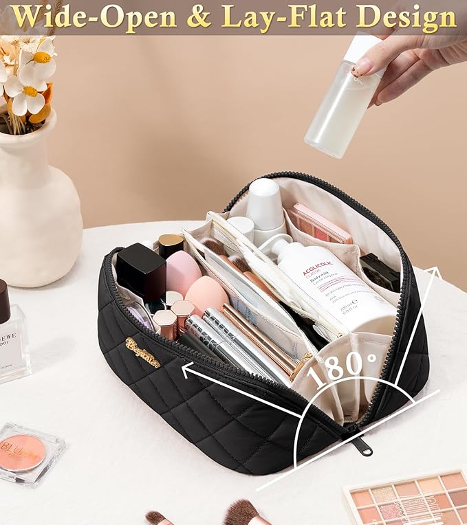 Travel Makeup Bag, 3 Pcs Large Capacity Puffy Toiletry Bag for Women, Open Flat Quilted Make up Cosmetic Organizer w/Handle & Clear Divider Water-resistant Portable Pouch Travel Essentials, M-Black