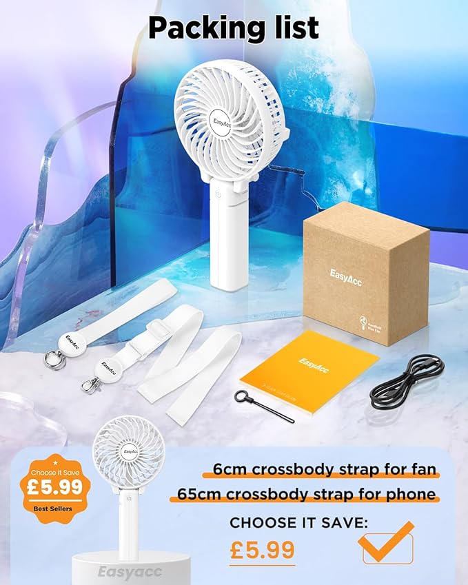 EasyAcc Handheld Fans [2x Crossbody Straps/2xDIY Stickers] for Portable Fan and Phones -Up to 10H Rechargeable Foldable Hand Desktop Fan for Home and Travel - White