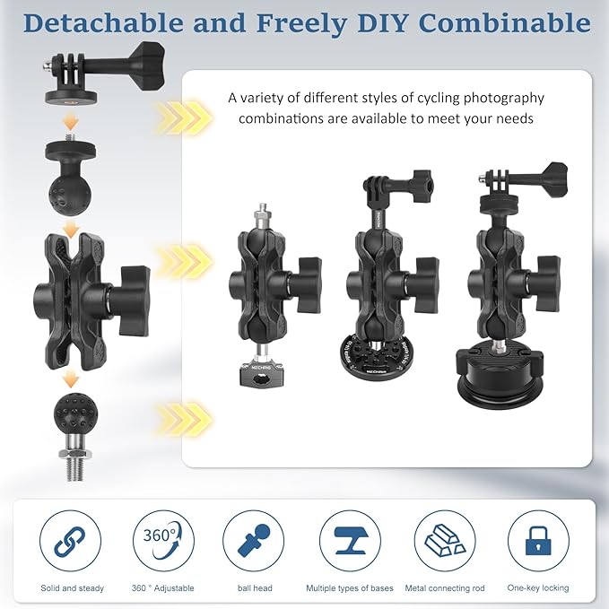 Camera Mount with 360°Dual Ball Head, Motorcycle Handlebar Mounting Bundle Kit for lnsta360 X5/X4/Gopr0 DJl Action 5/, 1/4"-20 & Tripod Adapter, Action Camera Mount Adapter for M10 Hole Base,75019