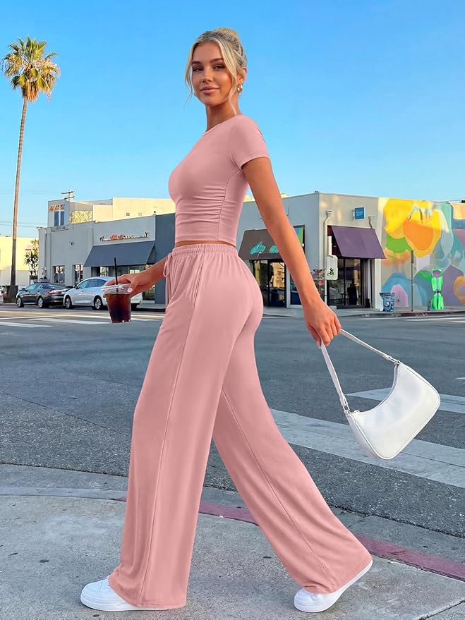 Trendy Queen 2 Piece Matching Summer Lounge Set Womens Side Ruching Top Wide Leg Pants Sets with Pockets