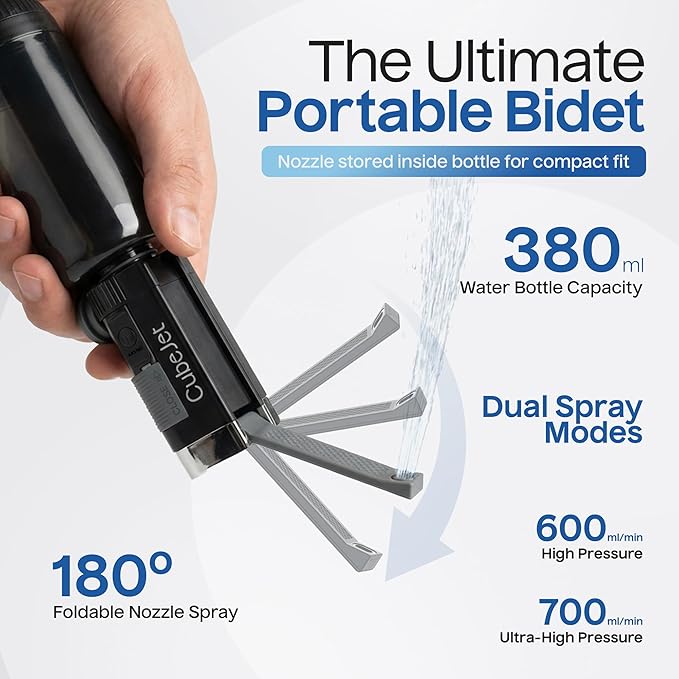 BIDET BUDDY® CubeJet Portable Bidet for Travel - 380ml Bottle, 1100mAh Rechargeable Battery, IPX6 Waterproof Wand-Style Nozzle, USB-C High-Pressure Hygiene Device for Camping & Home