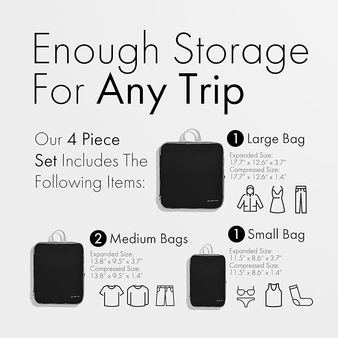 (Not Made In China) Compression Packing Cubes For Travel, Suitcase and Luggage Space Saver Organizer Bags, Lightweight, Waterproof Nylon, Durable, 4pc Set, Black