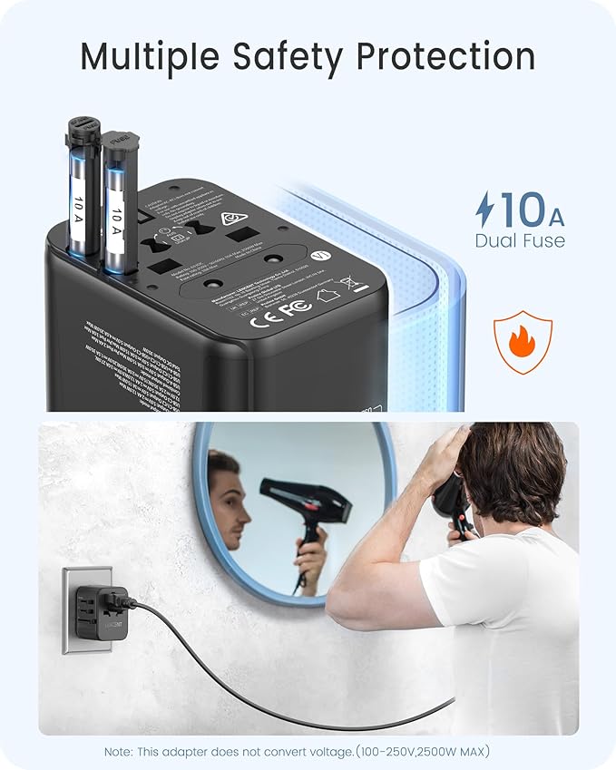 LENCENT Universal Travel Power Adapter, 30W GaN International Plug Adapter, Fast Charger with 5 USB Port(3 USB C), All-in-One Worldwide Travel Essentials for US to EU UK Ireland Australia Type C/G/A/I