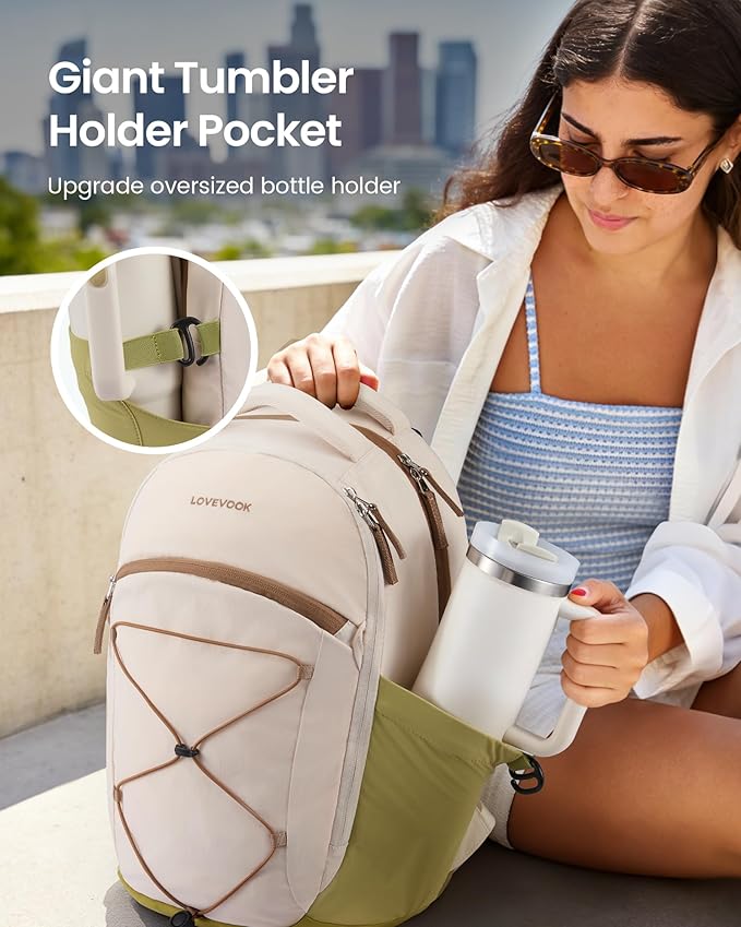 LOVEVOOK Everyday Laptop Backpack for Women & Men With Tumbler Holder,18 Inch Classic Travel Work College Teacher Carry on Backpack Purse,Waterproof Computer laptop Bag Hiking Backpack,Beige-Green