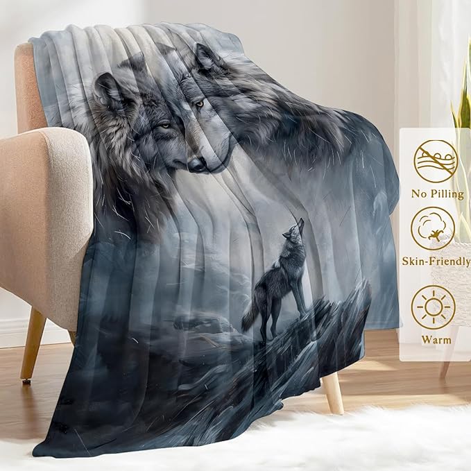 Wolf Flannel Blanket - Cool Majestic Wolves in Winter Landscape Throw - Lightweight Soft Cozy Gifts Blankets for Women Men & Wildlife Lovers,Modern Home Room Bedroom Rustic Decor 50x60in