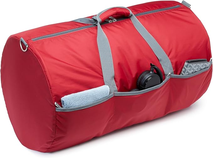 Amazon Essentials 25-inch Foldable Packable Nylon Duffel Bag for Travel and Sports with Multiple Zippered Pockets, 35 lb Weight Capacity, Collapsible for Easy Storage, Red