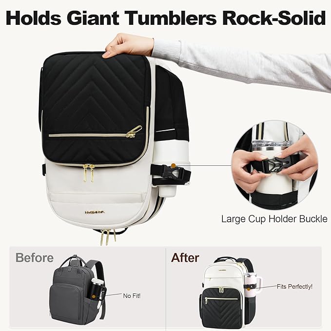 VANKEAN Laptop Backpack for Women with Giant Tumbler Holder Pocket,17.3 inch School College Book Bag Nurse Teacher Backpack,Waterproof Work Travel Backpack Purse Laptop Computer Bag, Bags Beige-Black