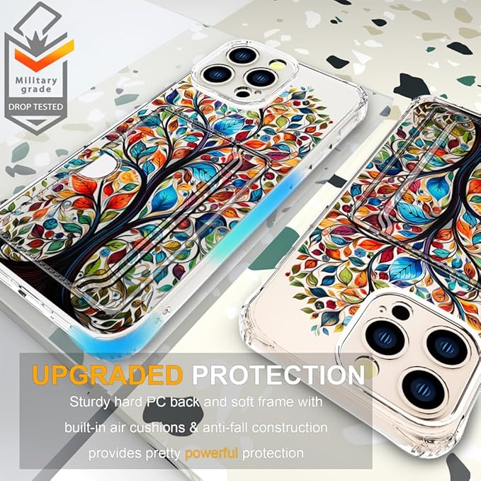 Compatible with iPhone 16 Pro Max Case Card Holder for Women Cute Design,Wallet Phone Cases Transparent Cool Kawaii Protective (Clear Tree Colorful Leaves)