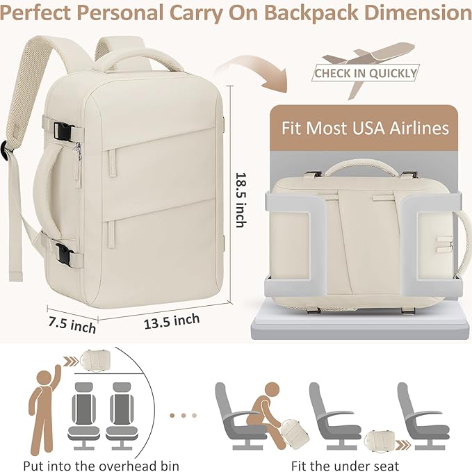 Tenot Large Travel Backpack for Women Personal Item for Airlines17 Inch Laptop Backpack College Business Work Weekender Hiking Travel Essentials Womens Travel Backpack Beige