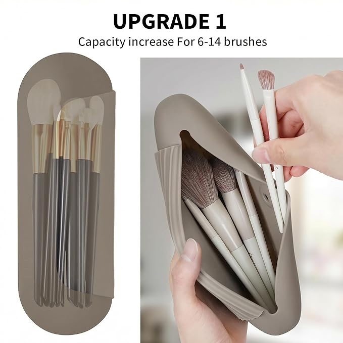AGIKET Silicone Makeup Brush Holder Travel Cosmetic Bag：Soft Portable Cosmetic Face Brushes Holder with Upgrade Anti-Fall Out Magnetic Closure, Large Travel Makeup Brush Case - Coffea