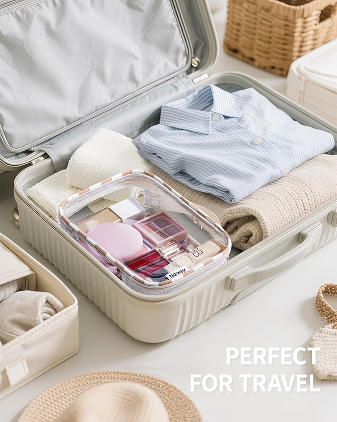 Narwey TSA Approved Clear Toiletry Bag for Travel Waterproof PVC Clear Makeup Bags, Portable Compact Cosmetic Bag Make Up Organizer, Airport Airline Quart Size Compliant Bag (Light Brown Checkerboard)