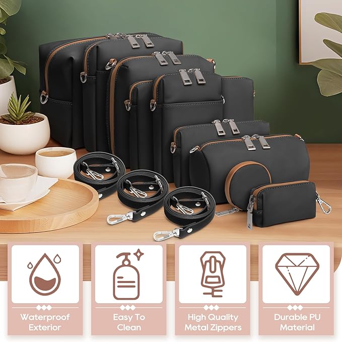 Joyway 10-Piece Travel Makeup Bag Set – Large Capacity Cosmetic Bags for Women & Girls, Waterproof Portable Toiletry Organizer with Adjustable Strap (Black)