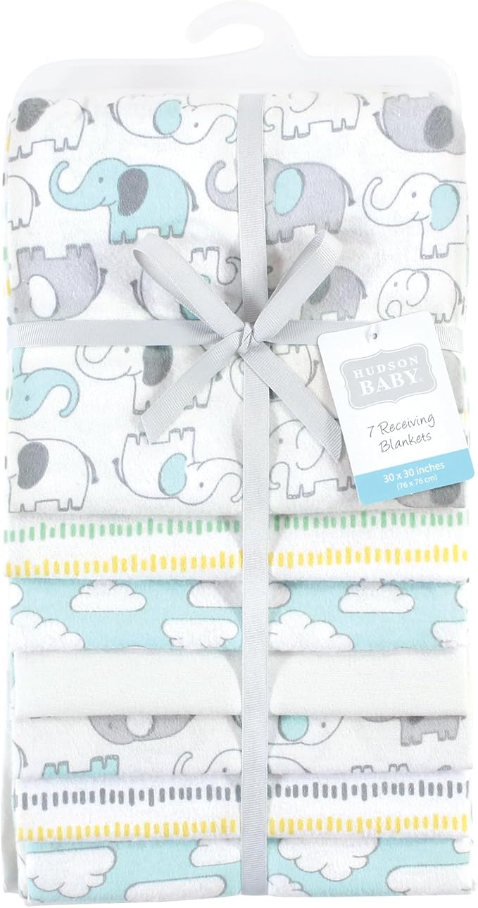 Hudson Baby Unisex Baby Cotton Flannel Receiving Blankets Bundle, Neutral New Elephant, One Size (Pack of 2)