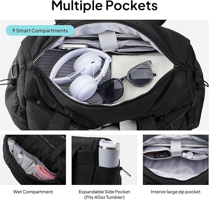 TOPEAST Weekender Bag for Women, Lightweight Puffer Travel Duffle Carry On Bag with Wet Pocket & 40oz Tumbler Pocket, Airline Approved Personal Item Overnight Bag, Black, Large