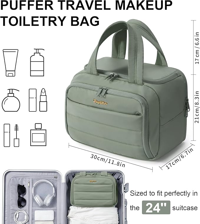 Bagstellar Travel Toiletry Bag for Women, Lightweight Large Quilted Puffy Makeup Bag Wide-open Make up Organizer Cloud Cosmetic Bag w/Handle for Traveling Toiletries Essentials Accessories Sage Green