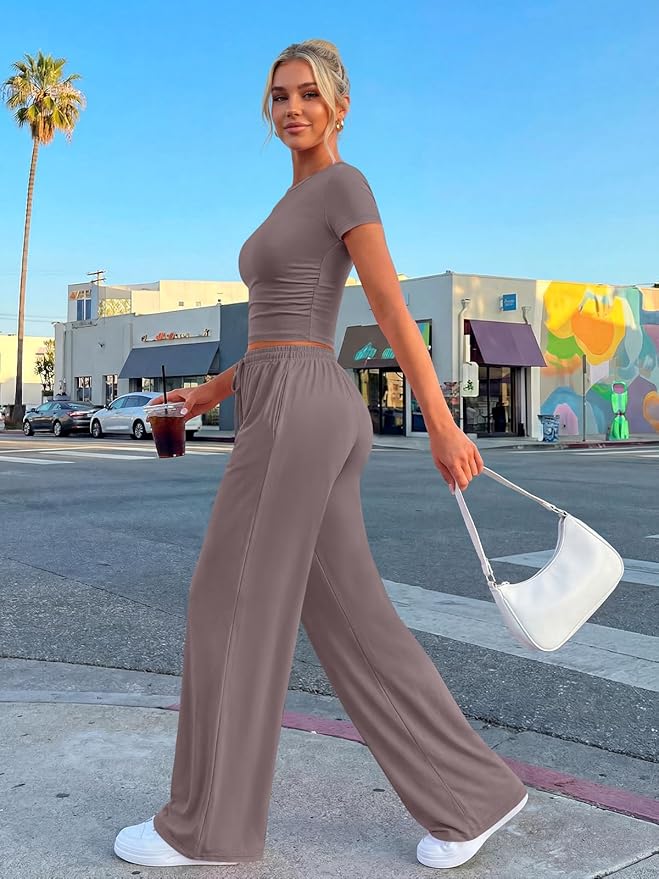 Trendy Queen 2 Piece Matching Summer Lounge Set Womens Side Ruching Top Wide Leg Pants Sets with Pockets