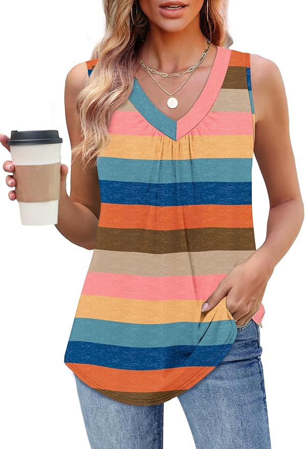 OFEEFAN Tank Top for Women Loose Fit Sleeveless Shirts V Neck Summer Clothes Ruched Women's Tees and Tanks Curved Hem