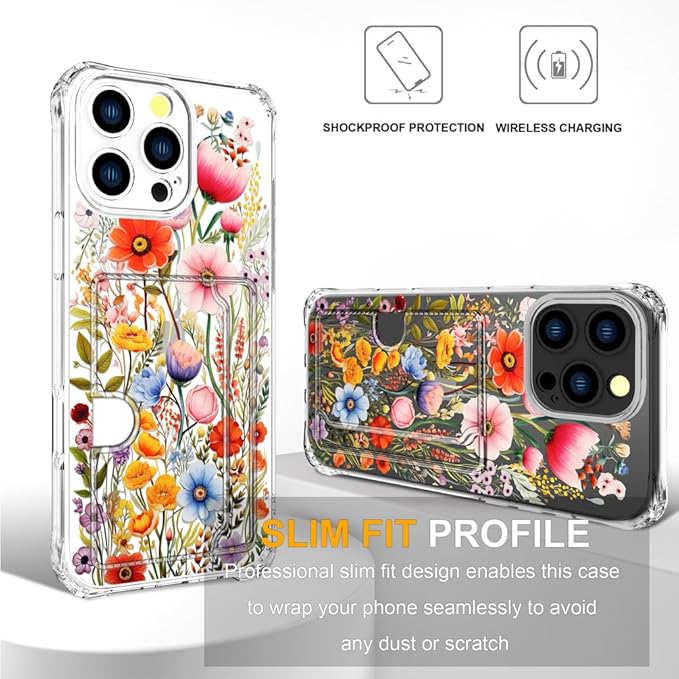 Compatible with iPhone 16 Pro Case Card Holder for Women Cute Design,Wallet Phone Cases Transparent Cool Kawaii Protective (Clear Flowers Lily Girly Florals)