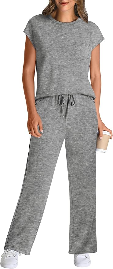 WIHOLL 2 Piece Sets for Women Casual Summer Travel Vacation Outfits Cap Sleeve Lounge Set