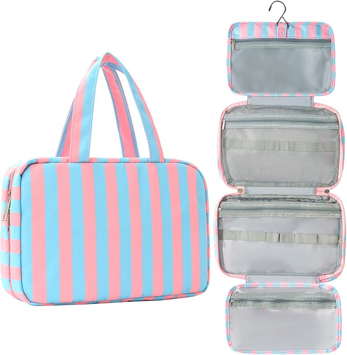 Toiletry Bag for Women Travel Water-resistant Cosmetic Bag Fashion Stripes Makeup Bag with Hanging Hook Preppy for Store Toiletries Cosmetic Accessories Medium Rose Red