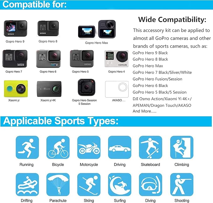 60 in 1 Camera Accessories Kit Compatible with GoPro Hero 13 12 11 10 9 8 7 6 /Session 5/Hero 4/3+/3/2/1, Insta360, DJI Osmo Action, AKASO, APEMAN, Campark, SJCAM