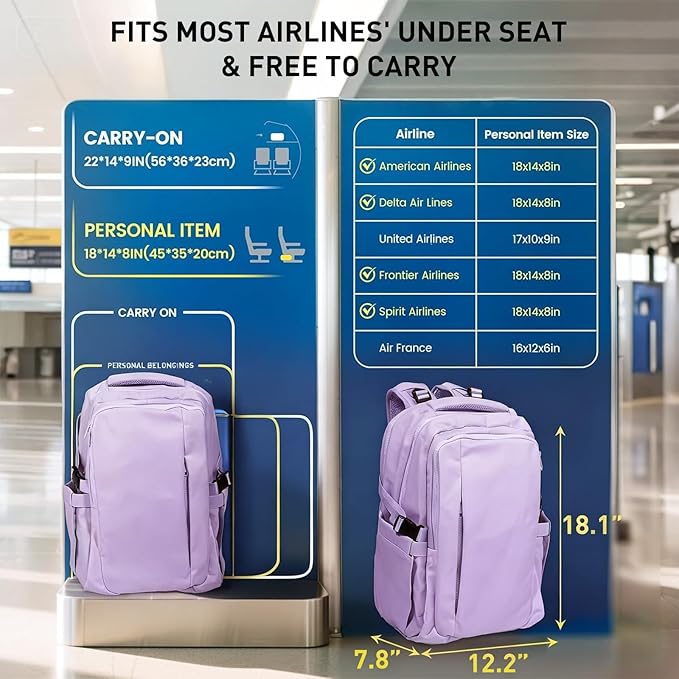 Travel Backpack for Women Men Carry on Backpack, Airline Approved Large Travel Bag Flight Approved Personal item, 15.6 Inch Laptop Backpack Casual Daypack for Weekender Business Hiking-PURPLE