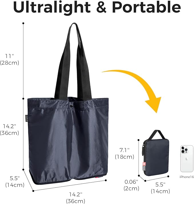 pack all Foldable Shoulder Tote Bag for Travel, 16L Lightweight Nylon Grocery Bag with Zipper, Water-resistant Work Tote for Daily Use (Navy Blue)