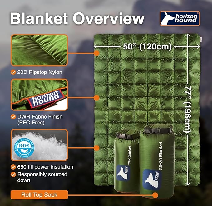 Horizon Hound Down Camping Blanket 650 Fill Power - Ultralight Backpacking Quilt (1lb 6oz) Warm & Water-Resistant 20D Nylon Shell for Outdoors, Camping, Hiking, Travel, & Stadium - Packable