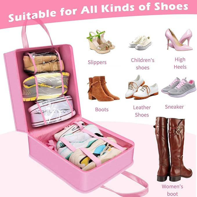 SelfTek Shoe Bags for Travel with Handle, Waterproof Large-Capacity Family Travel Shoe Bag Organizer for Multiple Shoes, Shoe Travel Bags for Packing, Suitable for Luggage Handle (pink)