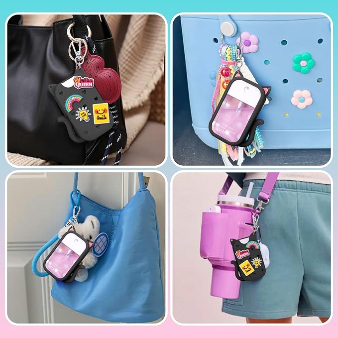 Juome Silicone Case for Touchland Hand Sanitizer Spray with Keychain & Charms, Cat Protective Holder Compatible with Touchland Power Mist & Glow Mist 1 FL Oz/30ML,Travel Cover Sleeve Accessory (Black)
