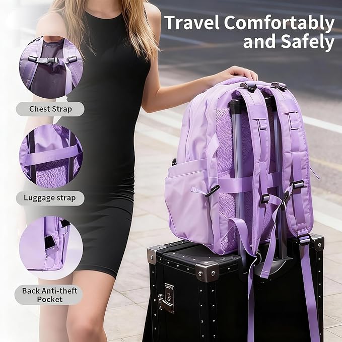 Travel Backpack for Women Men Carry on Backpack, Airline Approved Large Travel Bag Flight Approved Personal item, 15.6 Inch Laptop Backpack Casual Daypack for Weekender Business Hiking-PURPLE