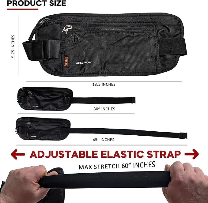 Travel Money Belt with RFID Blocking - Hidden Waist Passport Holder Wallet Pouch for Cash, Phone, Credit Cards, and Documents Protection - 13.5in x 5.75in x 0.3in, Black