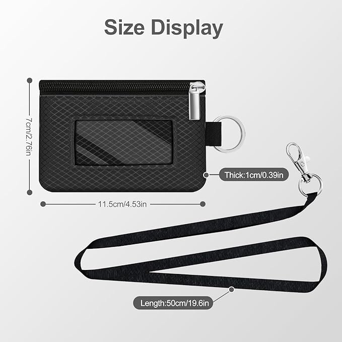 Minimalist RFID Blocking Small Wallet with ID Window,WaterResistant Zip Id Case Wallet with Lanyard Keychain for Cards,Cash,Travel,Women,Men (Black)